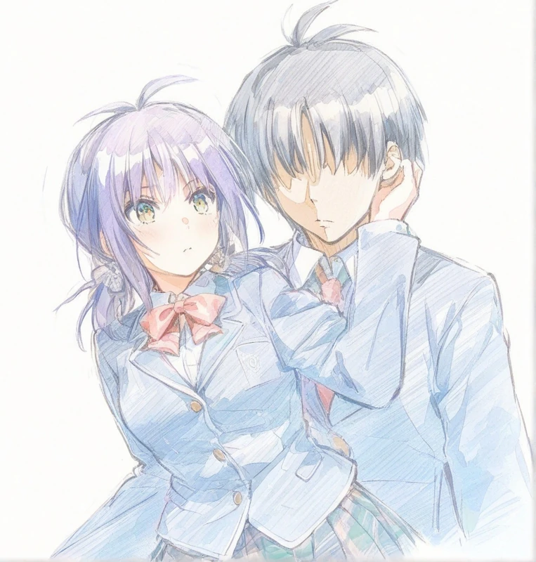 制服姿の律と静音を描いたスケッチ調のイラスト