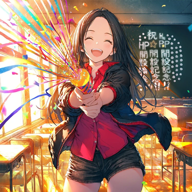 教室で一周年をお祝いする実里先生のイラスト