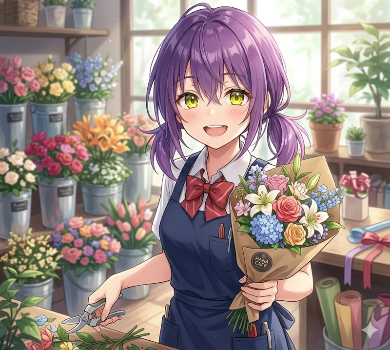 お花屋さんで花束を手に笑顔を見せる静音のイラスト