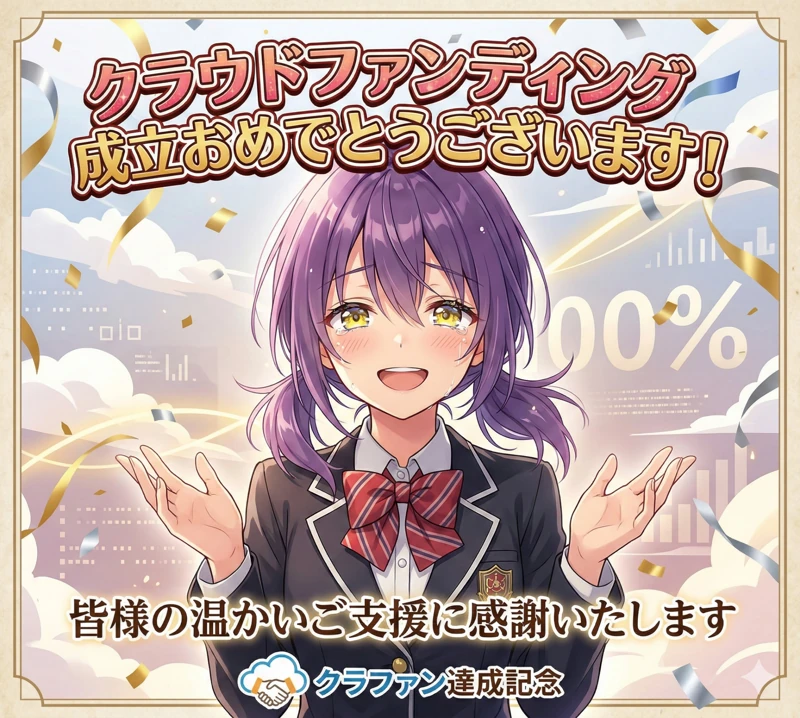 クラウドファンディング達成を祝う笑顔の静音のイラスト